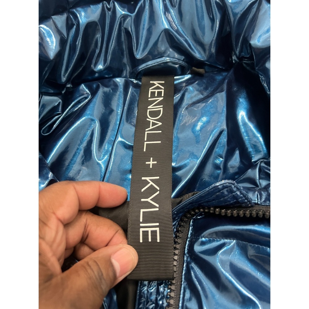 Kendall + Kylie Puffer Jacket Women XS Metallic Blue Full Zip Long Sleeve Winter - Picture 4 of 10